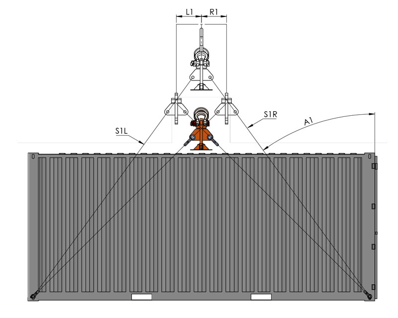 Zeichnung zum korrekten Einsatz einer Multi-Loch-Container-Traverse von der Seite gesehen