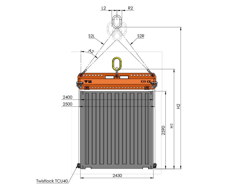 Zeichnung zum korrekten Einsatz einer Multi-Loch-Container-Traverse